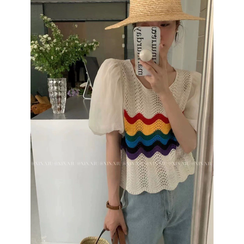Женская вязаная рубашка в радужную полоску, ажурный Тонкий Топ 2024 летнего дизайна с пышными рукавами
