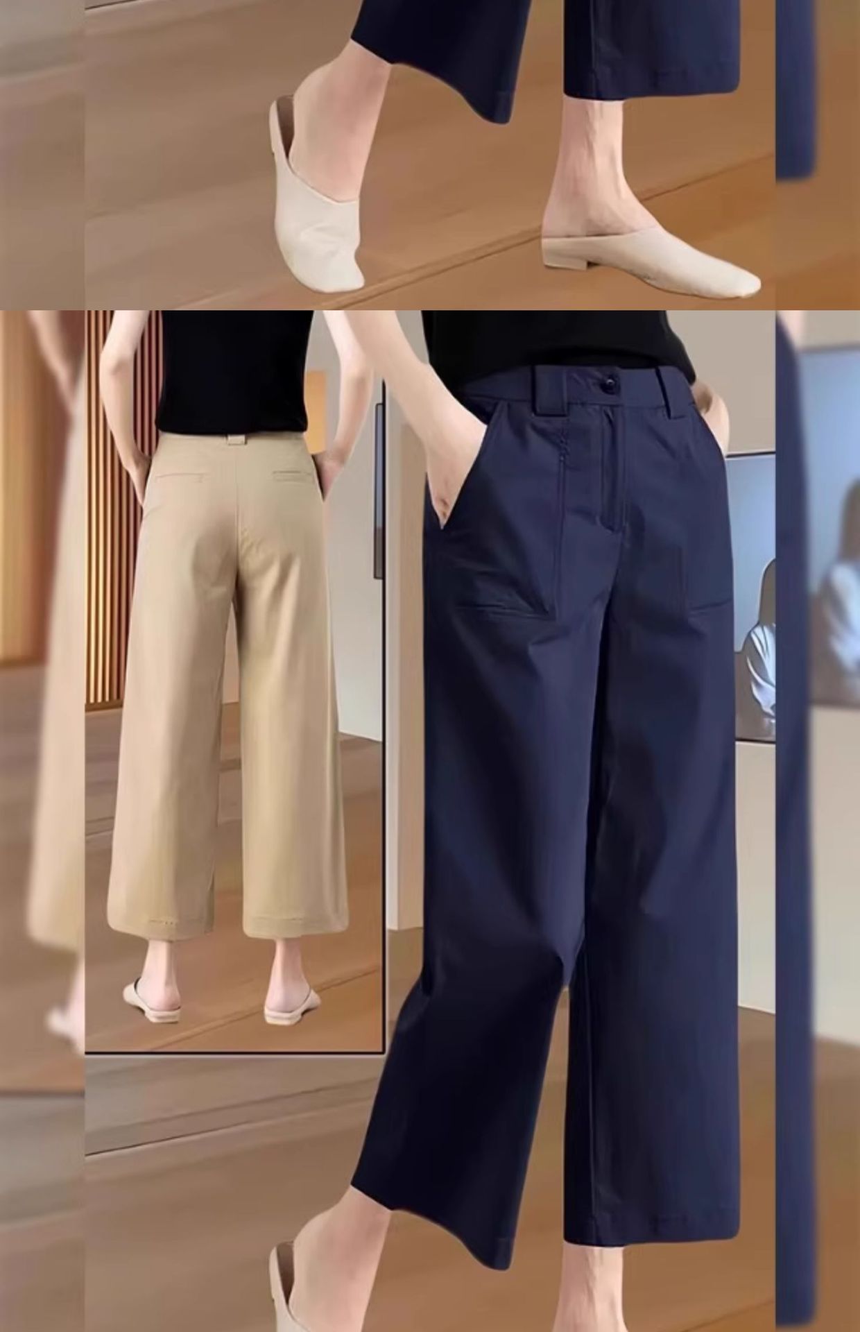 Quần culottes nữ ống rộng cạp cao dáng suông dài 9 phần vải mỏng mùa hè — Xanh lông mòng đen chi tiết 4