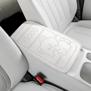 Car armrest cushion with cartoon bear embossed leather, universal central armrest protection cover, armrest heightening pad