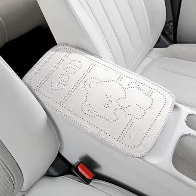 Car armrest cushion with cartoon bear embossed leather, universal central armrest protection cover, armrest heightening pad