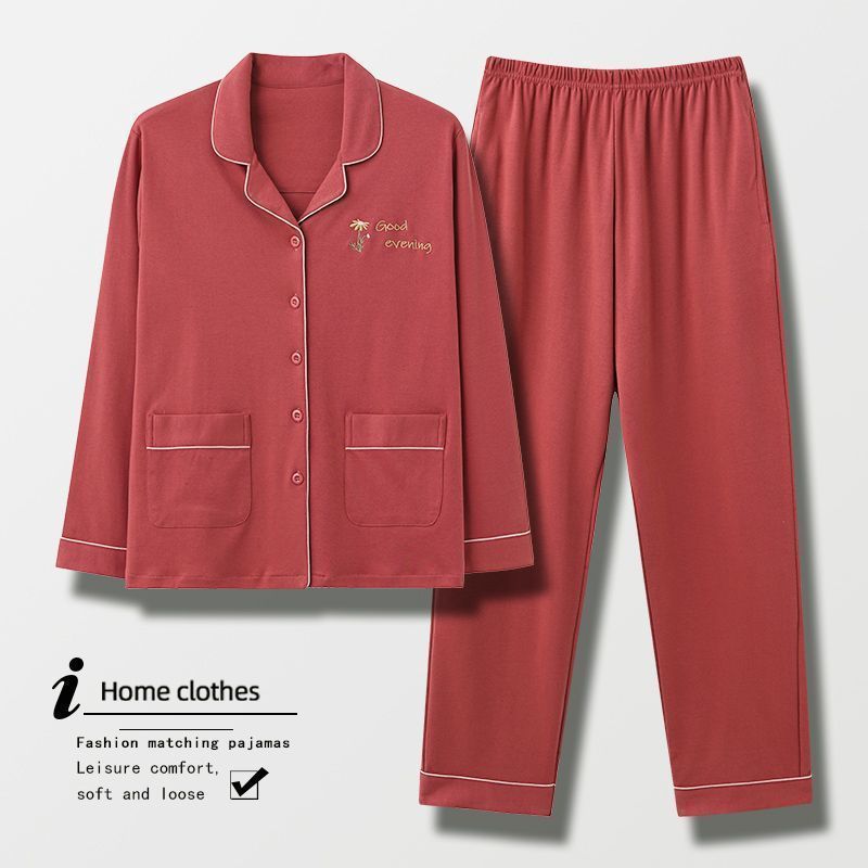 Pijama de dama de algodón otoño cardigan de manga larga madres de mediana edad suelta grande primavera otoño conjunto de ropa para el hogar