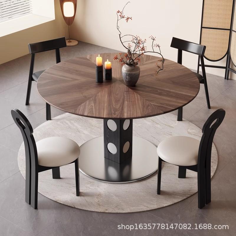 Mesa de comedor redonda de madera maciza medieval retro, restaurante francés, mesa de comedor redonda de tabla de roca doméstica pequeña, mesa de té