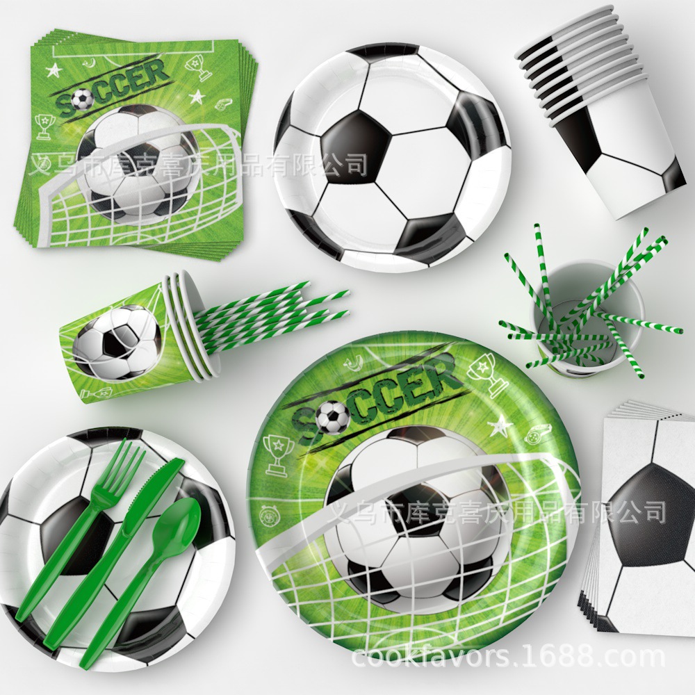 Nueva Copa del Mundo de Fútbol Fiesta Decoración Cumpleaños Niños Plato de papel desechable Taza de papel Toallas Set de cubiertos