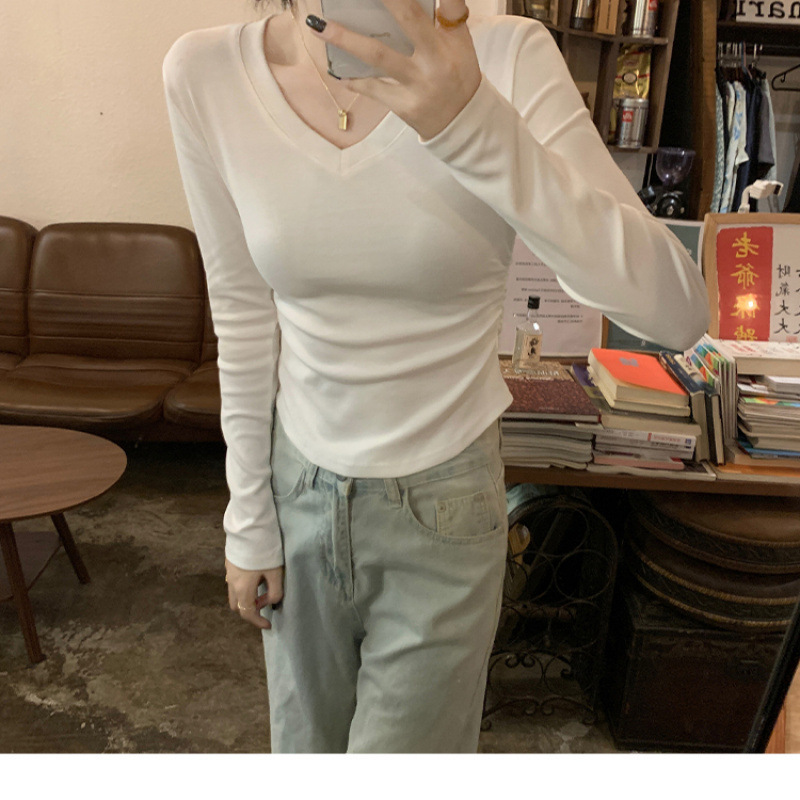 Live Quality 2025 Spring and Autumn V-Neck Long-Sleeved T-Shirt Women's Design Sense Smoke Slim-Fit Base Shirt Live Quality 2025 Spring and Autumn V-Neck Long-Sleeved T-Shirt Women's Design Sense Smoke Slim-Fit Base Shirt