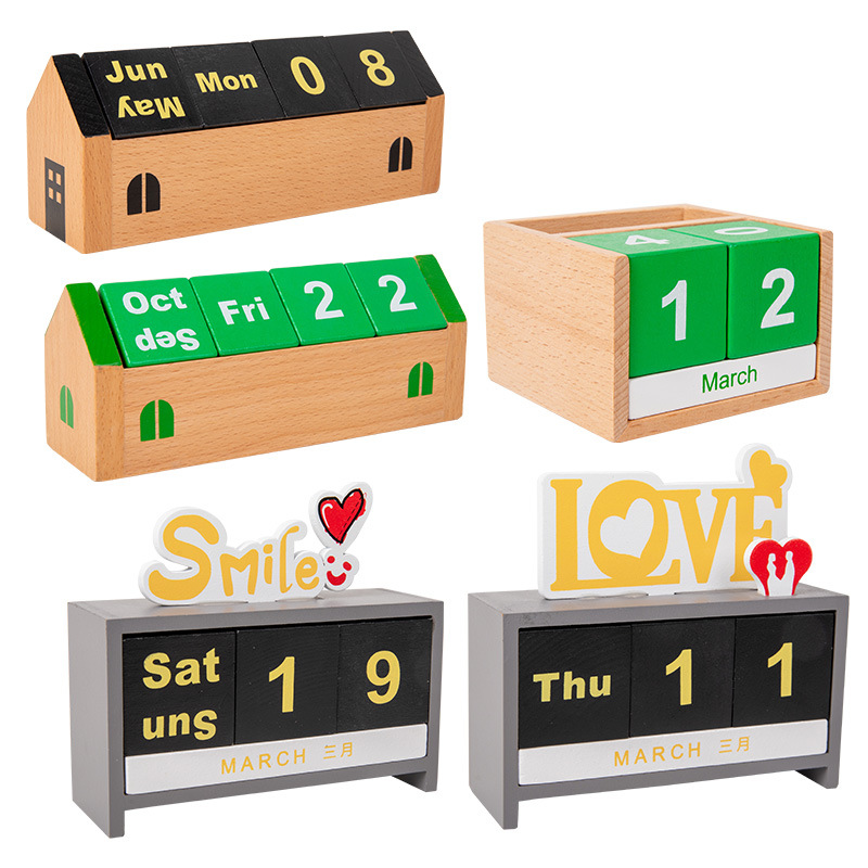 Fábrica de origen adornos de escritorio calendario de madera acompañante regalos de mesa fecha tarjetas de fotos accesorios calendario de mesa de madera