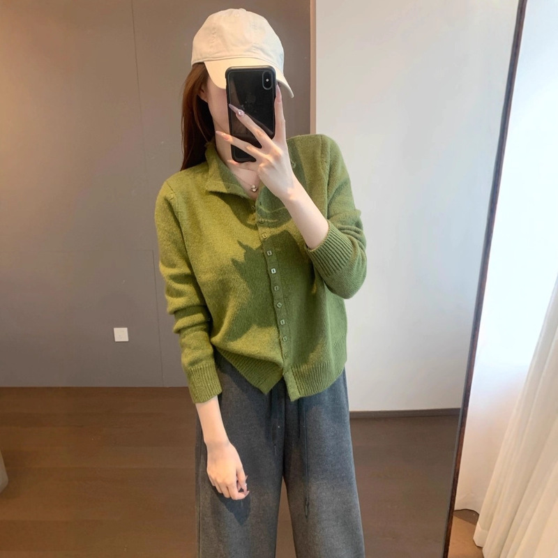 Cj12011 Korean Style 24-Count Wool and Rabbit Hair Blended Fluffy and Gentle Velvet Stand-Up Collar Square Button Knitted Cardigan