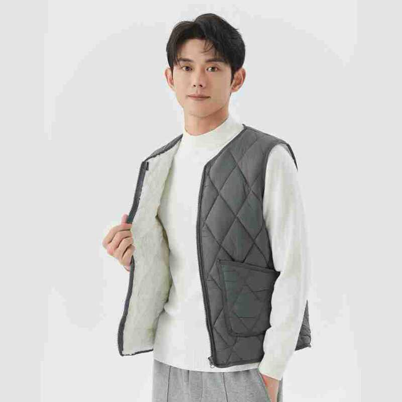 Men's new autumn and winter fleece-lined warm zipper extra large vest outer pocket men's diamond short vest 2402