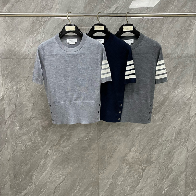 Factory Direct TB Spring and Summer New Jindian Four Bar Round Neck Knitted Round Neck Short Sleeve Wool Fabric Lightweight and Comfortable