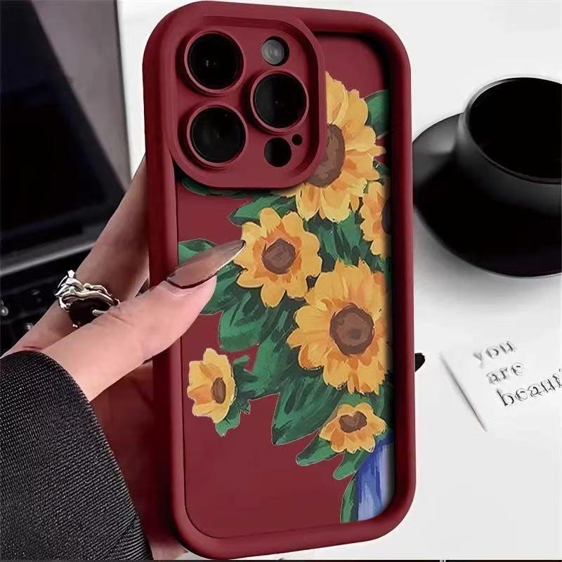 Girasol para iphone16pro funda para teléfono móvil Apple 15 femenino 14 japonés y coreano 13promax nuevo estilo 12 pintura al óleo x