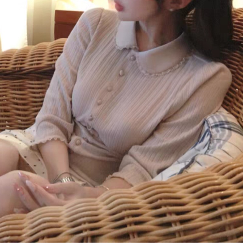 「少女限定」娃娃领衬衫女秋七分袖收腰针织衫上衣|undefined