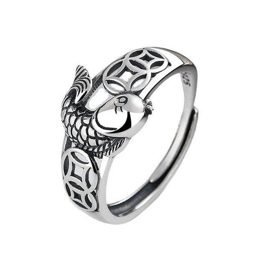 Vintage plain silver copper coin with a surplus every year, koi fish lotus ring, Thai silver koi heart meridian open ring