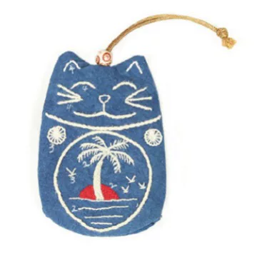 Handmade Blue Indigo Dye Hand Embroidered Wave Cat Key Bag Small Fresh Style Small Intangible Cultural Heritage Creative National Cultural Gift