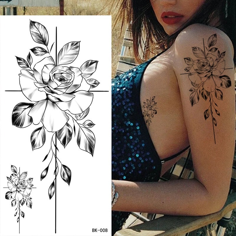 Waterproof Long Lasting Flower Tattoo Mandala Lace Lotus Temporary Tattoo Sticker Black Rose Peony Flower Arm