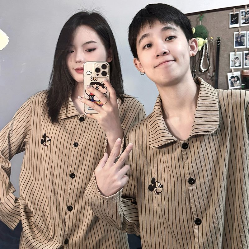 Nube de algodón pareja pijama de primavera y otoño nuevo Mickey rayas de dibujos animados dulce suelto hombre conjunto de ropa de casa