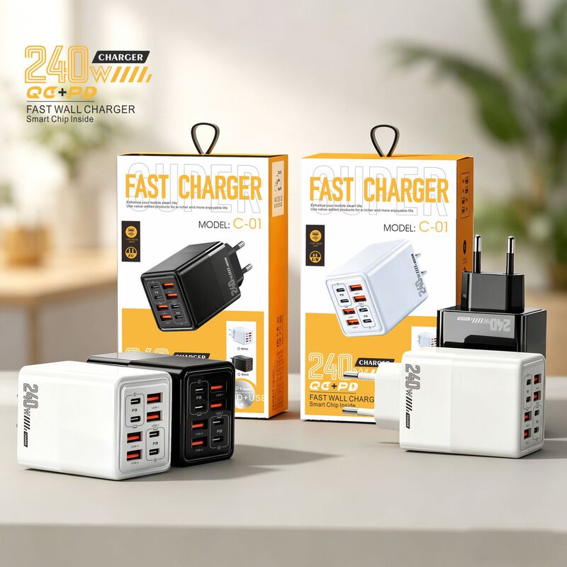 Cross-Border New Model 240W Smart Fast Charging Charger 4Usb+4Pd Suitable for Apple and Huawei Mobile Phones Type-C Charging Head