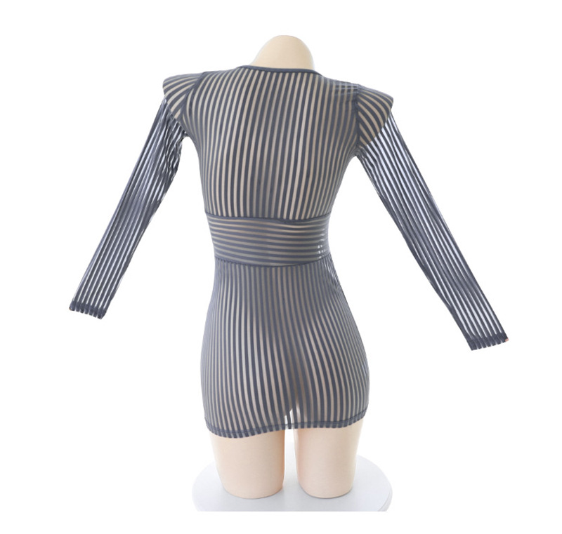 Striped Secretary Roleplay Lingerie Set with Sheer Long-sleeve Top, Mini Skirt and Thong — detail image 33