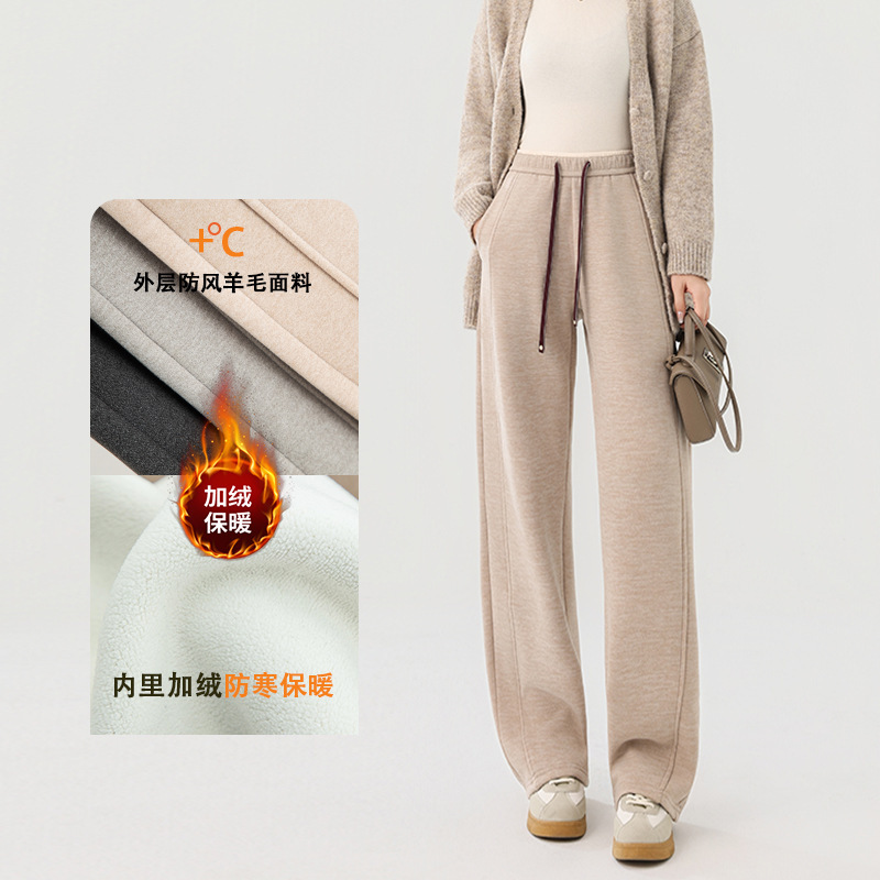 Soft Wool Fleece-Lined Wide-Leg Pants for Women, 2025 Autumn and Winter New Thickened Curved Blade Warm Cotton Casual Straight Pants