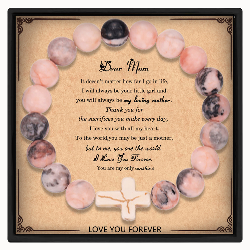 Cross-Border Supply Pink Zebra Natural Stone Cross Bracelet, Gift for Mom with Themed Card, Versatile Jewelry Gift