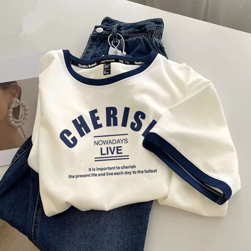 Cotton Short-Sleeved T-Shirt for Women 2024 New Summer American Retro T-Shirt Contrasting Color Stitching Round Neck Slim Top T-Shirt