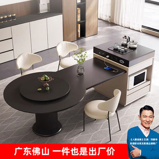 Square and Round Dual-Purpose Solid Wood Slate Island Dining Table Integrated Fully Automatic Electric Retractable Smart Mid-Century Style Voice Black