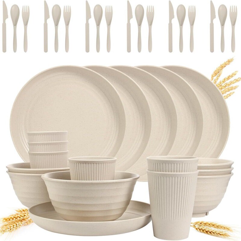 Temu Amazon's Popular Outdoor Tableware Bowls, Plates, Cups, Wheat Straw Dinner Plates, Salad Bowls, Water Cups, Knife, Fork, and Spoon Set