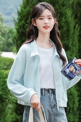 小香风polo翻领春秋新款气质华夫格开衫女拉链百搭短款外套ins潮