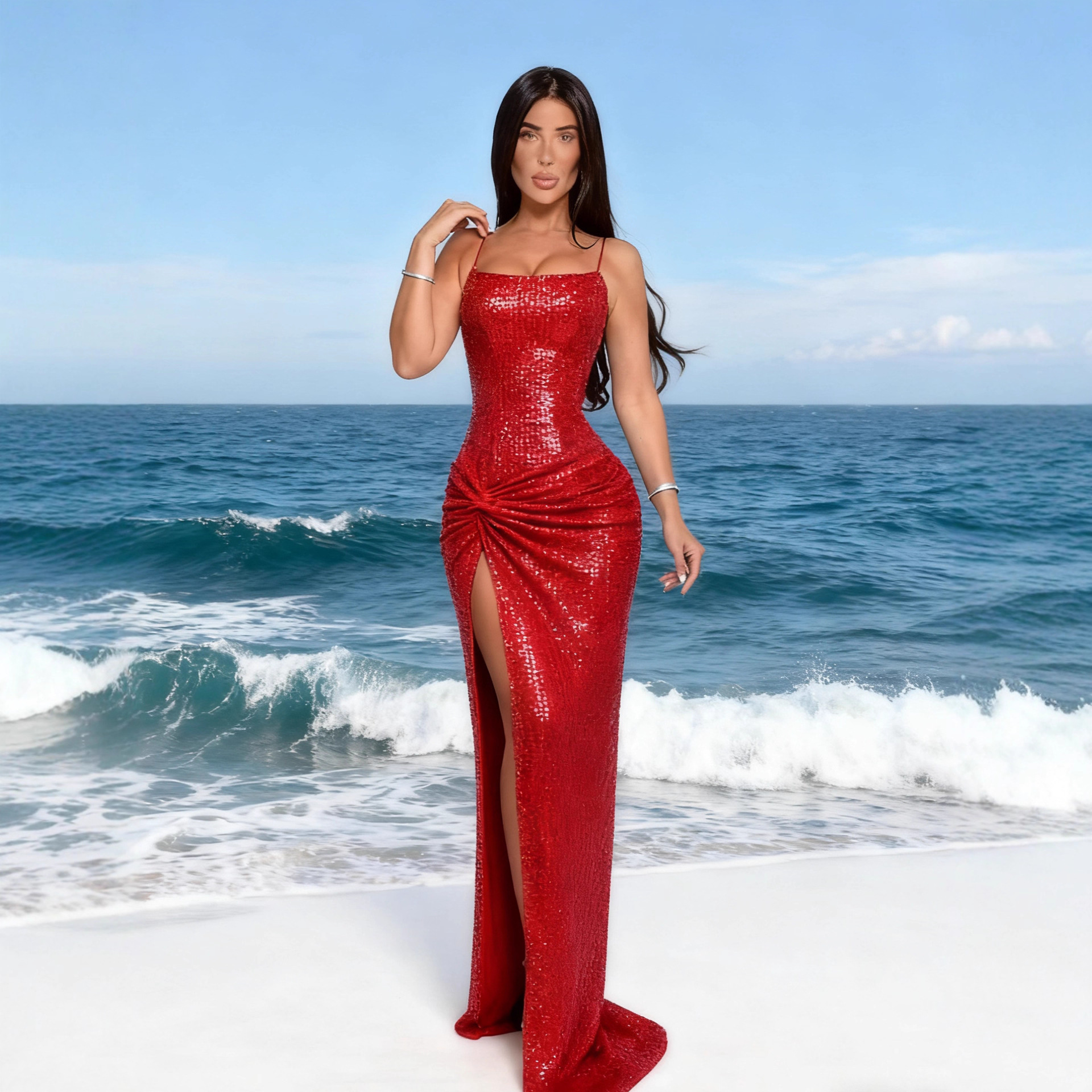 欧美连衣裙红色亮片吊带高开叉礼服 性感修身显瘦晚宴主持人长裙