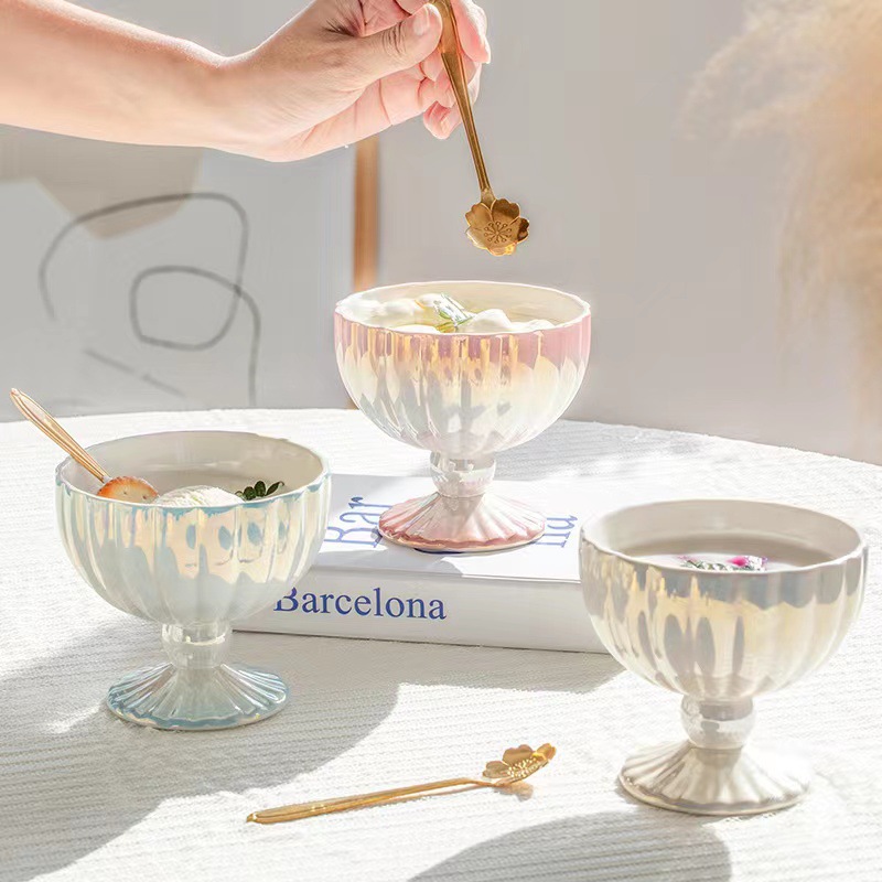 珍珠冰淇淋杯家用高颜值甜品高脚碗陶瓷碗水果碗沙拉碗商用高颜值