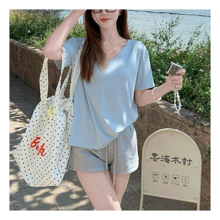 右肩Uネック白Tシャツレディース半袖2025年夏新作カジュアル無地万能ゆったりスリム半袖トップス|undefined