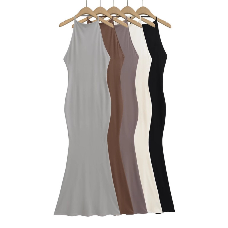 2025 Summer New Solid Color Sexy Hot Girl Style Big Backless Halter Neck Fishtail Skirt Dress Long Skirt Wholesale Women