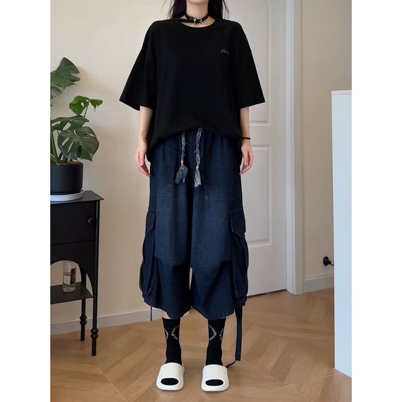American High Street Retro Washed Large Pocket Wide-Leg Cropped Denim Shorts for Women, Summer Trendy Versatile Loose Shorts