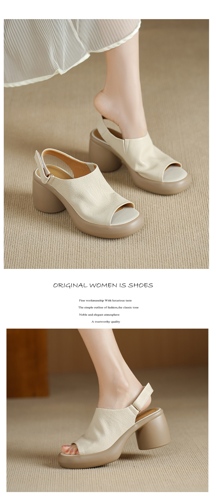 Sandal nữ cao gót mũi hở da cừu quai một từ khóa — màu trắng ngà chi tiết 8