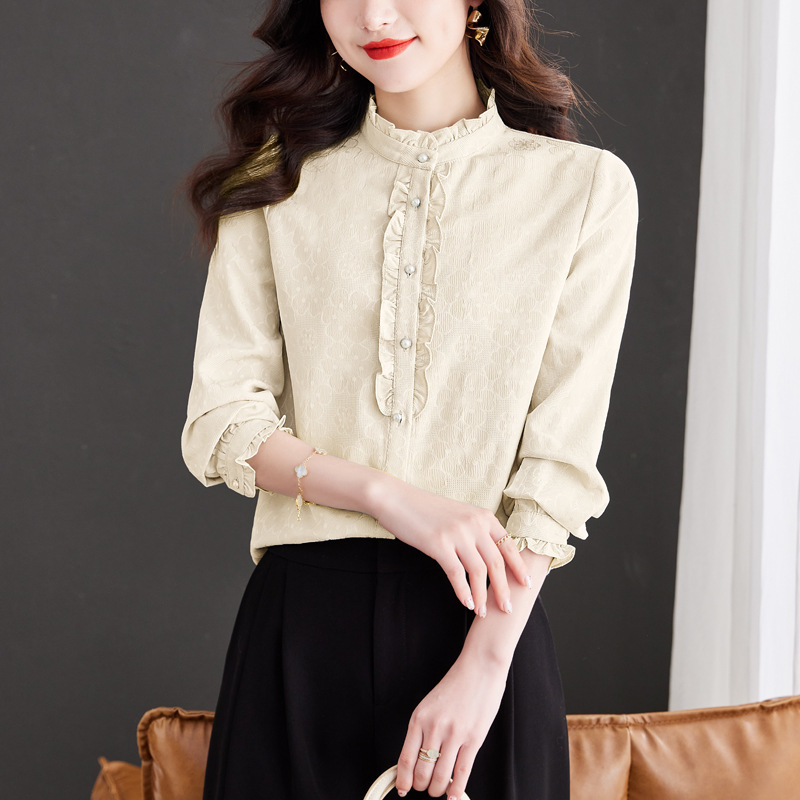 Brand Fashion Women's Shirt High-End Design Stand Collar Spring and Autumn Long-Sleeve Top Elegant Versatile Slimming Shirt
