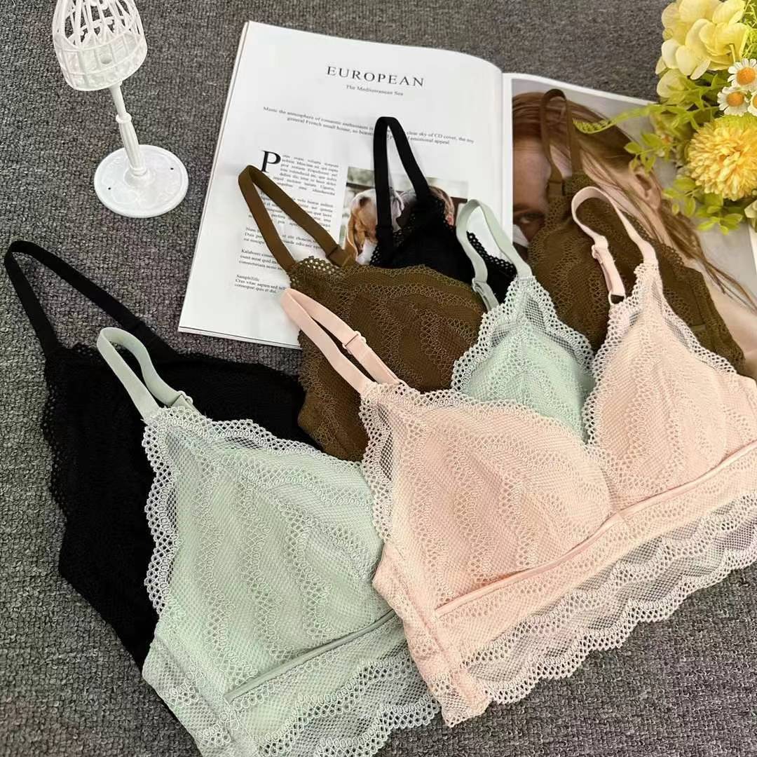 Bra de encaje del sudeste asiático, ropa interior de mujer, bra de copa triangular francesa, verano sin anillo de acero, copa delgada, algodón sexy y cómodo para la piel
