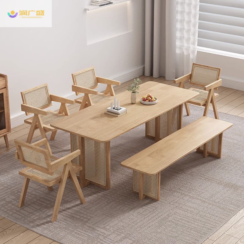 Run Guangsheng Wabi-Sabi Style Solid Wood Rattan Long Table Restaurant B&B Second-Hand Dining Table Log Style Tea Table Home Table