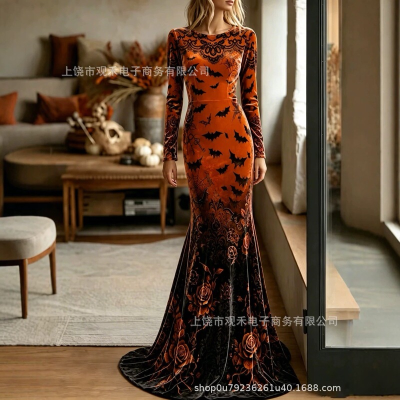 2026 Cross-border Women's Halloween Dark Gothic Rose Skull Print Round Neck Slim Fit Long Dress 2026 Cross-border Women's Halloween Dark Gothic Rose Skull Print Round Neck Slim Fit Long Dress