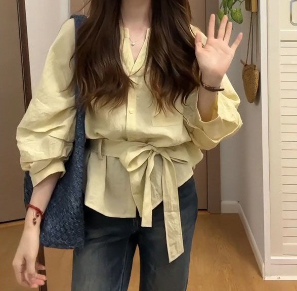 大码早秋穿搭胖mm慵懒韩系收腰衬衫新款宽松修身遮肉气质显瘦上衣|undefined