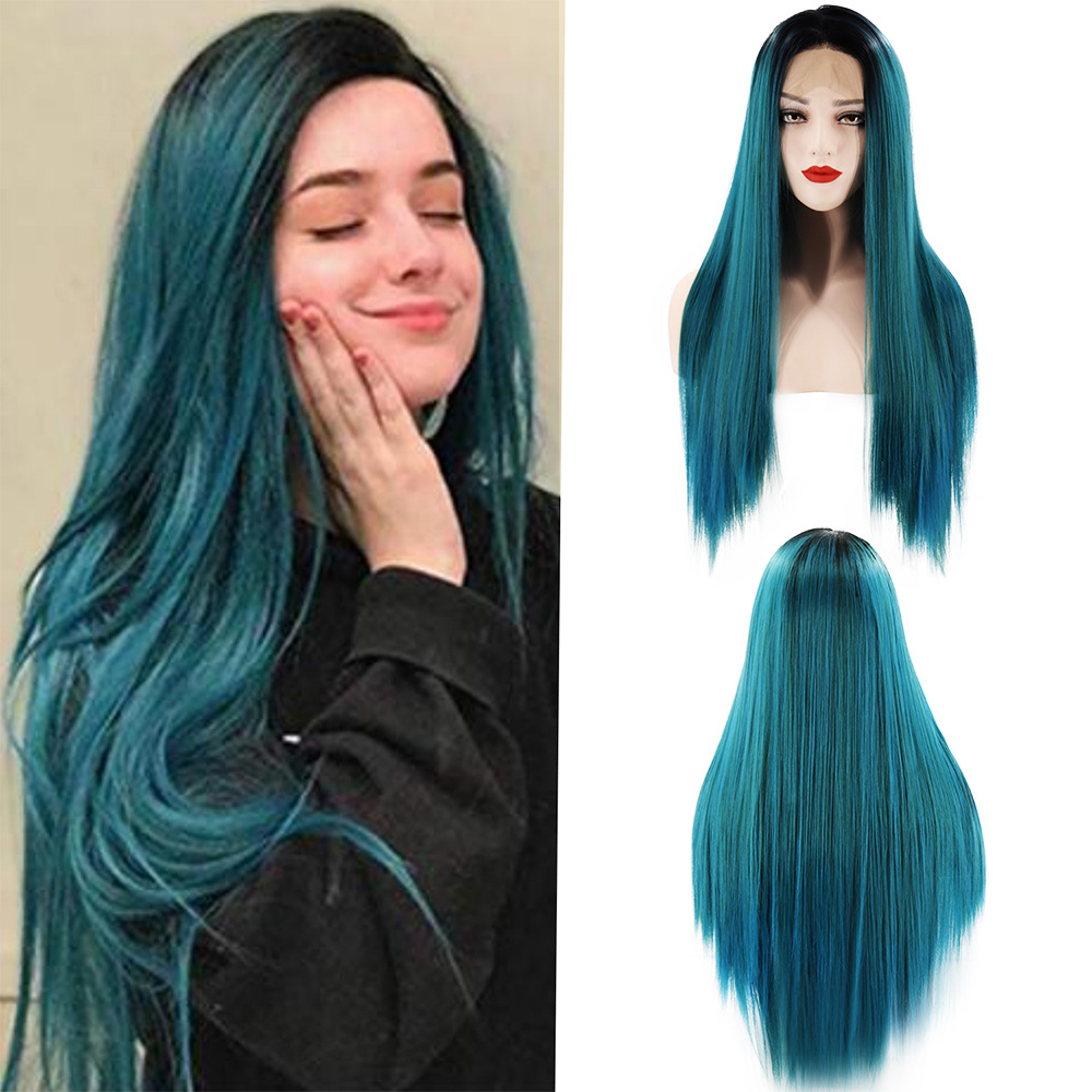 AliExpress peluca europea y americana Peluca de encaje frontal de las mujeres Peluca de gradiente de media longitud de encaje de pelo recto sombrerería ventas directas de la fábrica