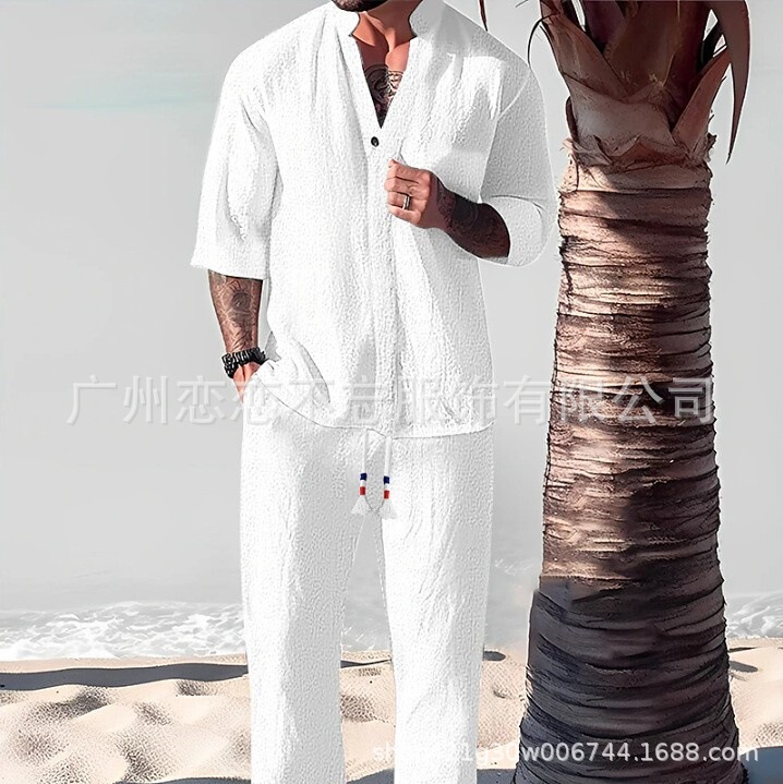 Cross-border Hot Cotton and Linen Half-sleeve Set Men's Summer Large Size Loose Middle-sleeve T-shirt Pleated Two-piece Casual Wear Cross-border Hot Cotton and Linen Half-sleeve Set Men's Summer Large Size Loose Middle-sleeve T-shirt Pleated Two-piece Casual Wear