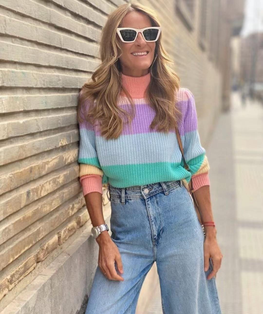 Damenbekleidung Herbst- und Winterpullover Rollkragenpullover Kontrastfarbe Langarm Lockerer Pullover Oberteil Damenbekleidung_voghion.com