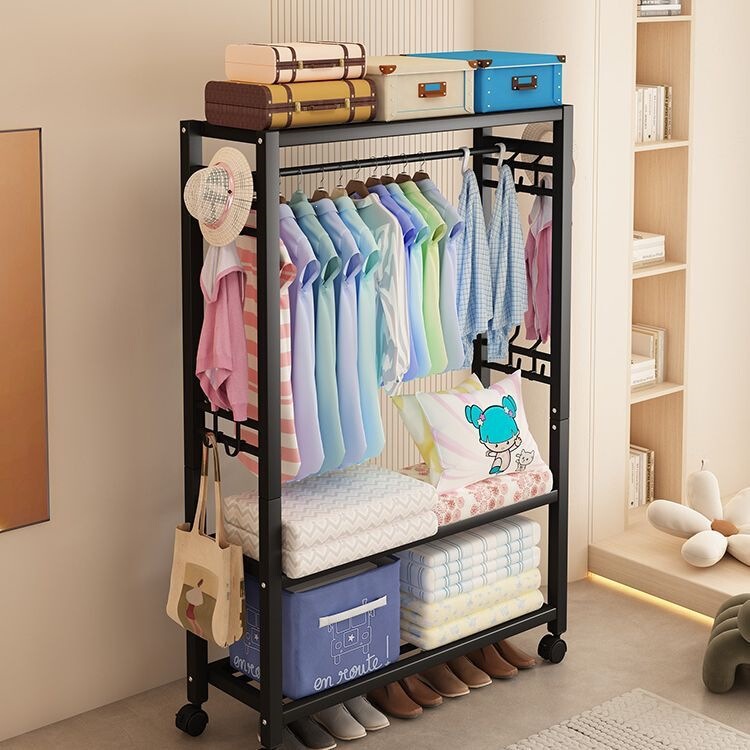 Simple clothes rack wardrobe for rental apartments and bedrooms, assembled with reinforced and thickened steel pipes, home use floor-standing clothes rack