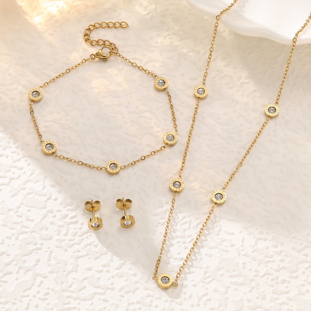 Light Luxury and High-End Roman Numeral Diamond-Encrusted Titanium Steel Bracelet, Necklace, and Earring Set, 18K Non-Fading Jewelry Manufacturer