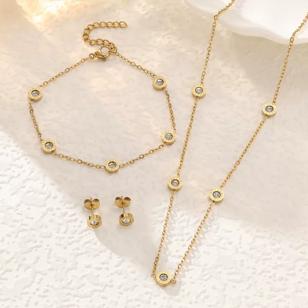 Light Luxury and High-End Roman Numeral Diamond-Encrusted Titanium Steel Bracelet, Necklace, and Earring Set, 18K Non-Fading Jewelry Manufacturer