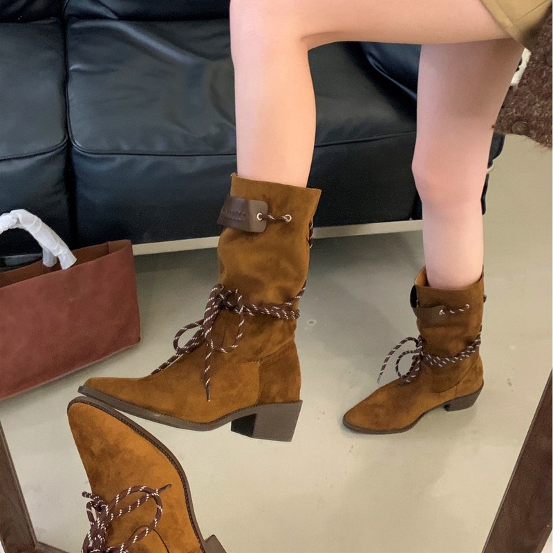 美拉德西部牛仔靴子女2025秋冬新款小众绑带中筒靴尖头靴子骑士靴|undefined