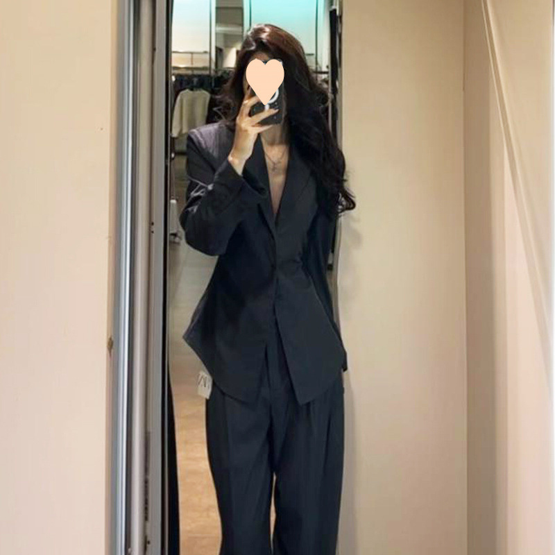 春季穿搭一整套高级感灰色收腰西装外套阔腿裤酷飒拽姐两件套装女|undefined