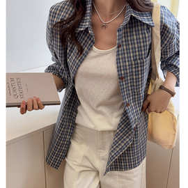 W韩系复古格子衬衫外套女2026春夏新款薄款宽松休闲内搭防晒衬衣