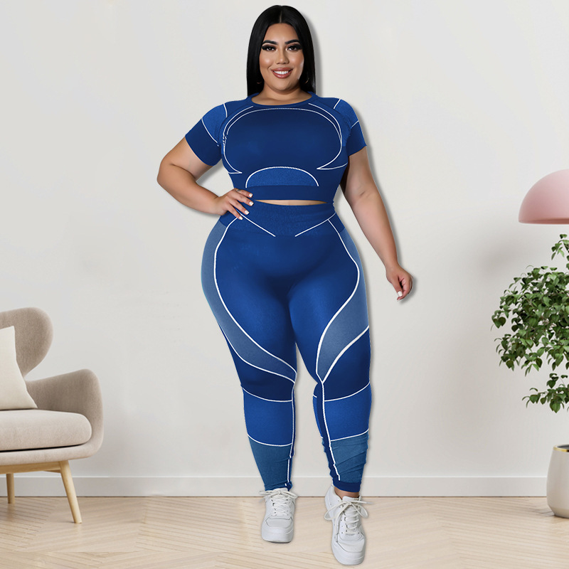 Plus Size Workout Sets For Women 3/4 Sleeve Crop Top And High Waist Yoga Pants, Color Block Sports Outfit, Sweet Style Athletic Wear_ecoleips.com