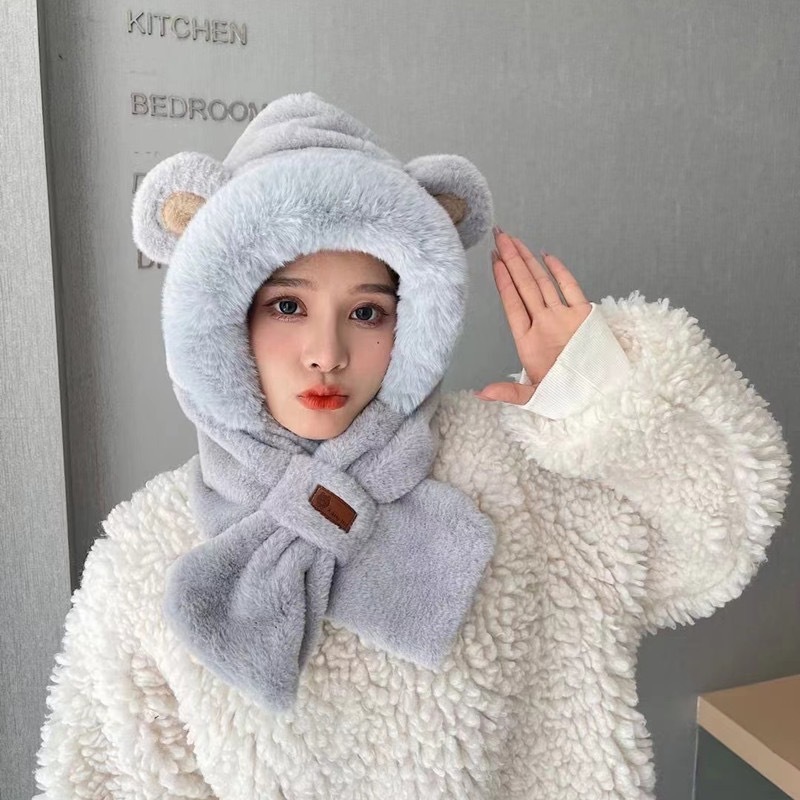 冬のかわいいキツネ耳ぬいぐるみ耳保護帽子、ネックスカーフ、オールインワン暖かい帽子、多用途の顔見せの小さな秋冬帽子|undefined