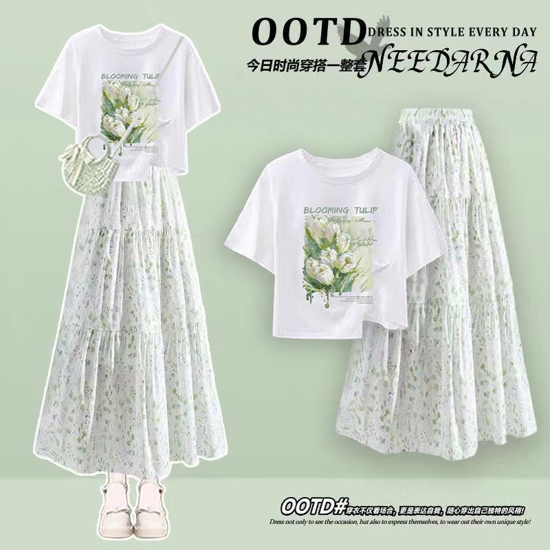 Female Student Outfit 2026 Summer New Style Fresh and Simple Irregular Short-Sleeve T-Shirt Floral Print Half-Skirt Two-Piece Set