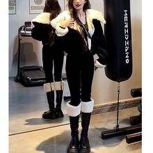 黑色灯芯绒大翻领羊羔毛外套女短款冬季小个子加绒加厚上衣棉服潮